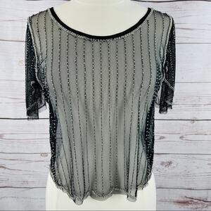 Rue21 beaded black silver sheer top drape sleeve scalloped hem